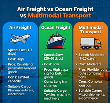 Confronto tra trasporto su strada, aereo e marittimo che mostra differenze logistiche tra camion, aereo e nave