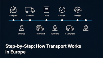 Processo logistico step by step: flusso di trasporto, ritiro, consegna, tracking, pianificazione percorso autista in Europa