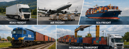 Modalità di trasporto inclusi camion, aerei cargo, navi portacontainer e logistica ferroviaria merci