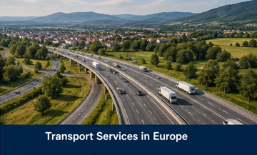 Rete di trasporto europea con camion, autostrade e collegamenti logistici transfrontalieri