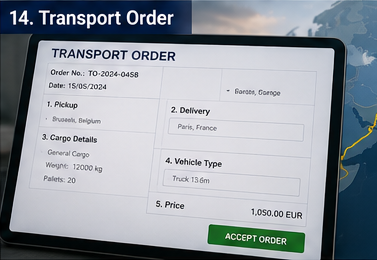Ordine di trasporto digitale con dettagli della spedizione, percorso e assegnazione del veicolo su una piattaforma logistica