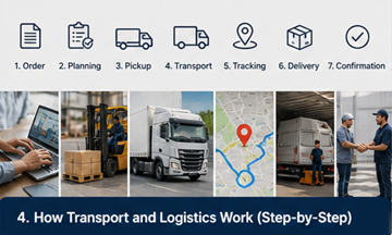 Processo di trasporto passo dopo passo dal ritiro alla consegna, flusso di lavoro logistico