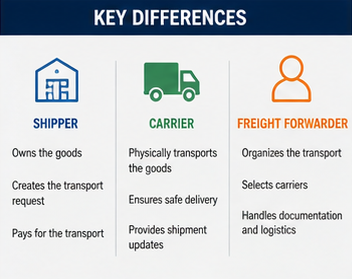 Schema che confronta i ruoli di speditore, vettore e freight forwarder nella catena logistica
