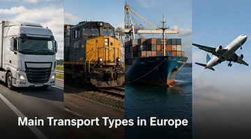 Diverse tipologie di trasporto in Europa: camion, furgone, nave container, treno merci, confronto logistico