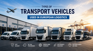 Diversi veicoli di trasporto utilizzati nella logistica europea, inclusi furgoni per consegne, camion, semirimorchi e veicoli refrigerati