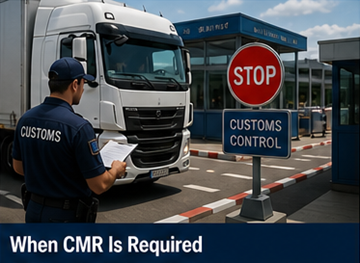 Camion a un confine europeo con l’autista che presenta i documenti di trasporto inclusa la CMR