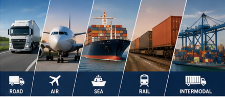 Diversi metodi di trasporto merci tra cui camion, aereo, nave cargo e treno merci