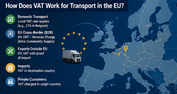Concetto di IVA europea per i servizi di trasporto che mostra la logistica transfrontaliera e le regole fiscali