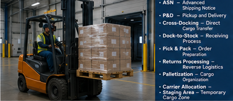 Carrello elevatore che carica pallet e operazioni di movimentazione merci all’interno di un moderno magazzino logistico