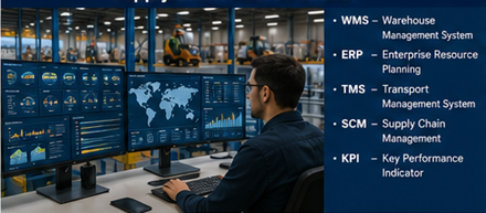 Coordinatore logistico di magazzino che monitora inventario e operazioni di supply chain su schermi digitali