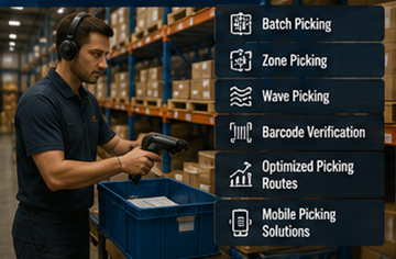 Addetto di magazzino che utilizza un software WMS per le operazioni di picking e fulfillment