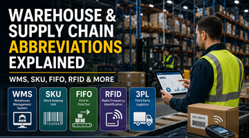 Operazioni logistiche in un magazzino moderno con sistemi di gestione dell’inventario, carrelli elevatori, scansione di codici a barre e tecnologia per la supply chain