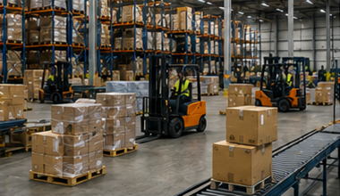 Magazzinaggio e logistica groupage con smistamento pallet, carrelli elevatori, centri di distribuzione e movimentazione merci