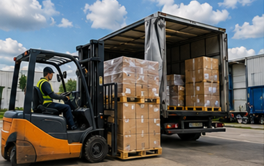 Trasporto pallet con pallet impilati, carrelli elevatori, camion logistici e operazioni di movimentazione merci in magazzino