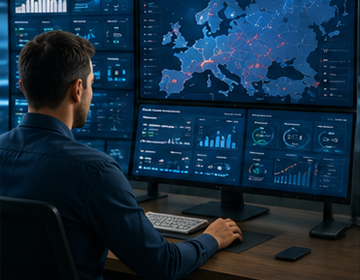 Operatore logistico che monitora un sistema di tracking delle spedizioni con aggiornamenti di trasporto in tempo reale in tutta Europa