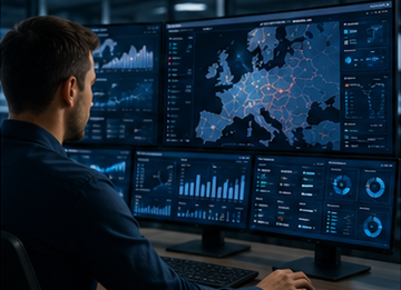 Operatore logistico che monitora i sistemi di tracciamento delle spedizioni e visibilità del trasporto in Europa
