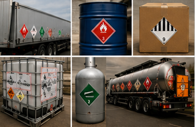 Etichette ADR esposte su colli, camion e container per merci pericolose