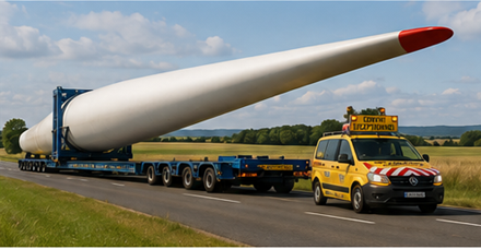 Pale eoliche e attrezzature per energie rinnovabili trasportate con camion per trasporti pesanti