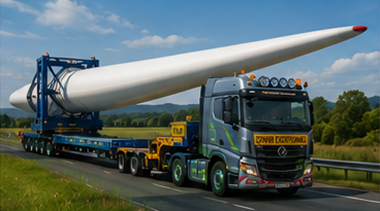 Rimorchio specializzato che trasporta una pala di turbina eolica in Europa